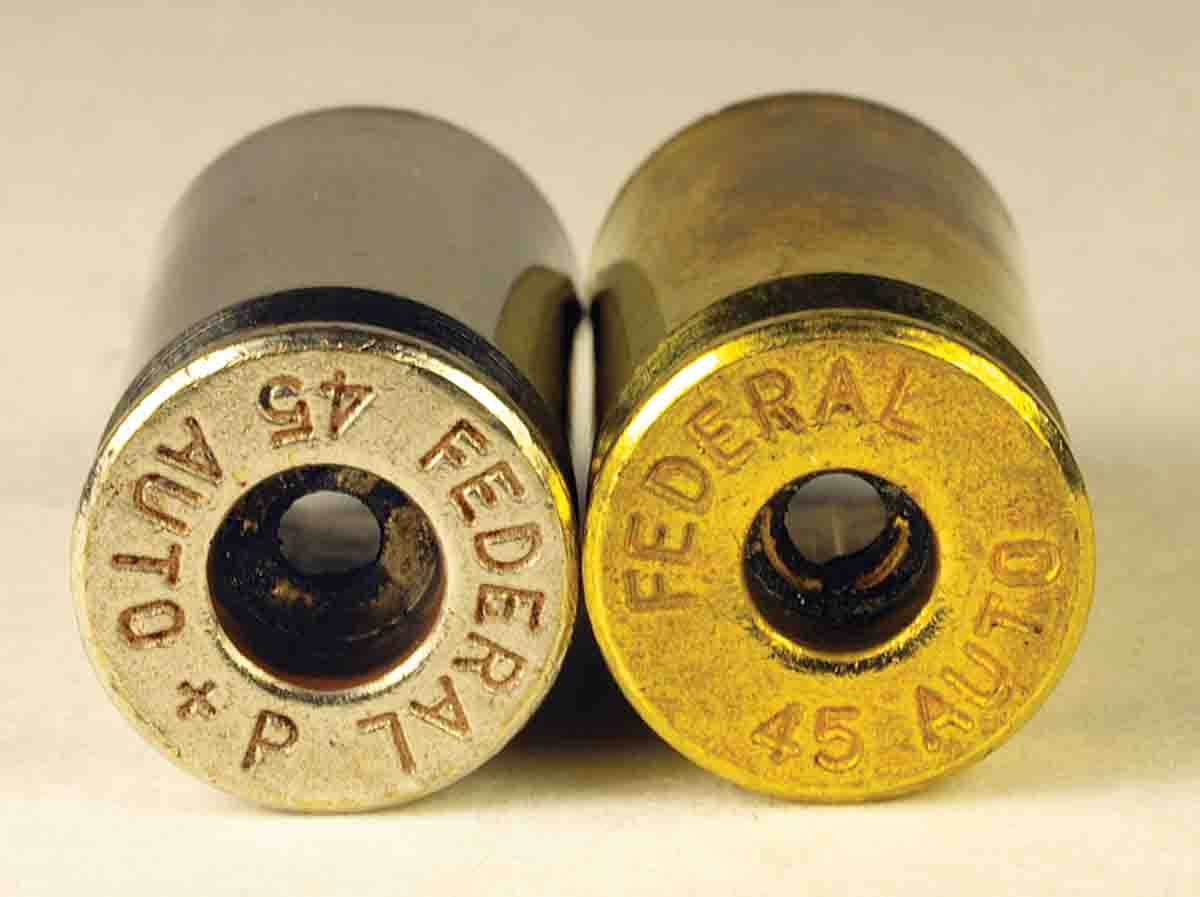 Some .45 Auto cases are made to hold (left) large pistol primers. Do not mix them with .45 Auto cases that take (right) small pistol primers.